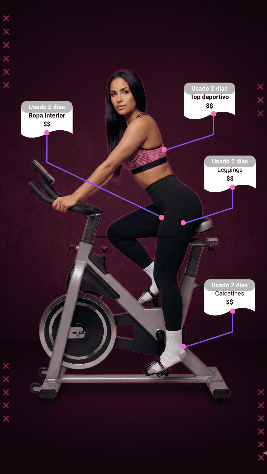Modelo vendedora en bicicleta de spinning con prendas etiquetadas