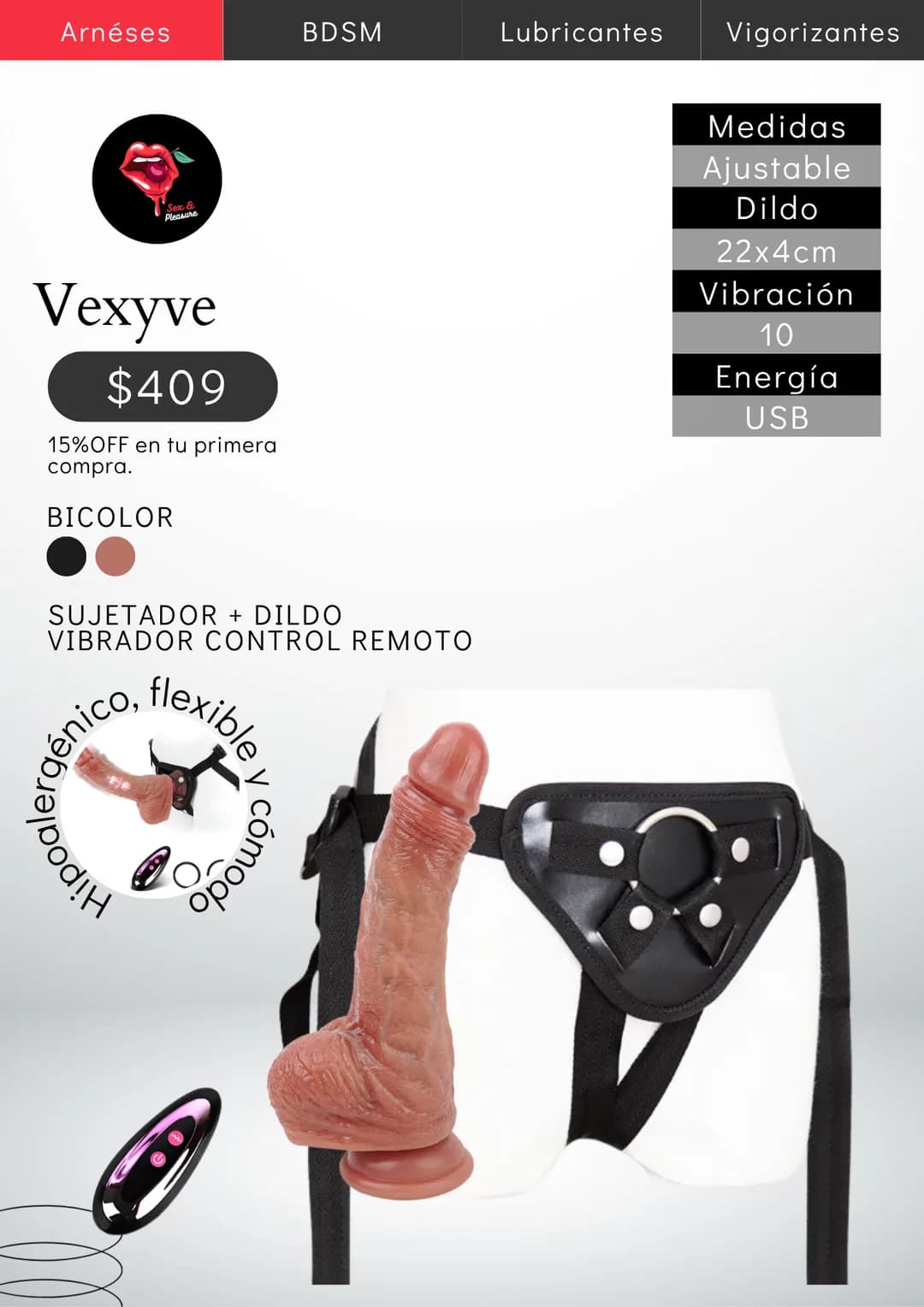 VEXYVE Arnés Vibrador Ajustable con Control Remoto
